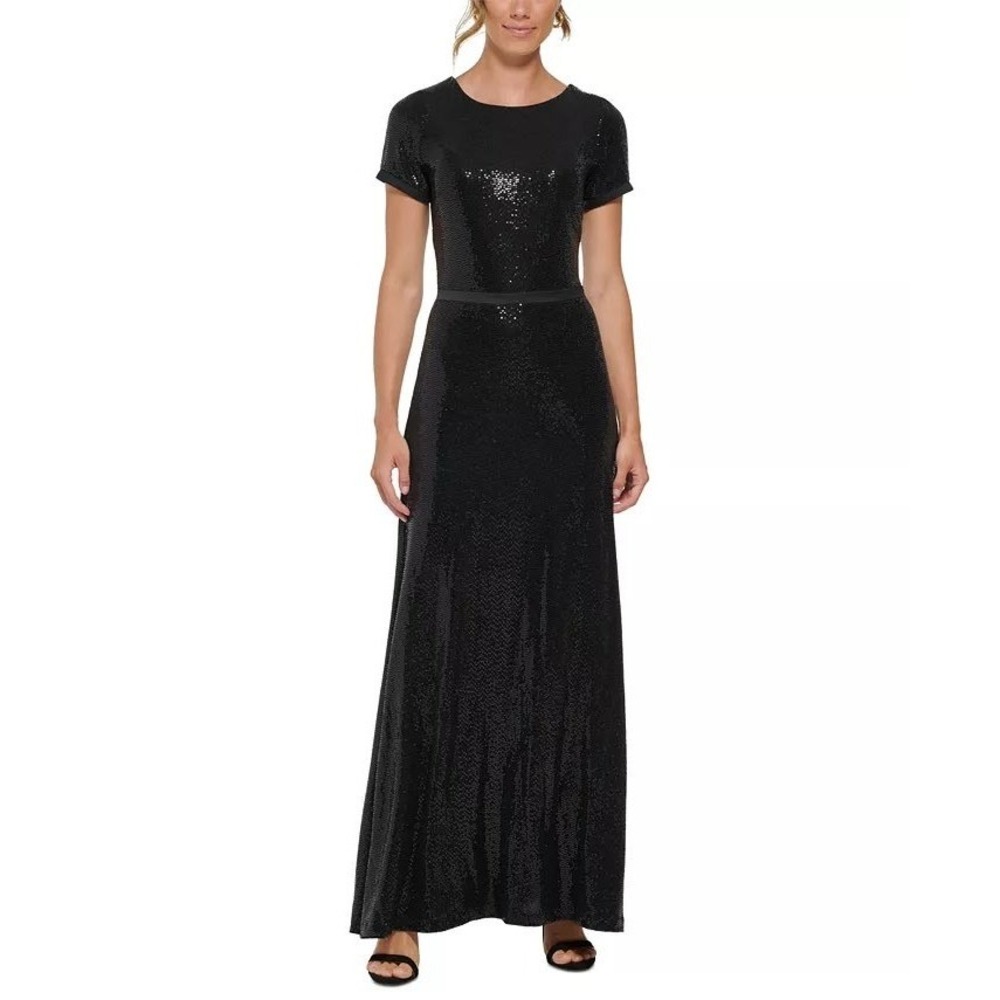 DKNY Boat-neck Short Sleeve Black Sequin Maxi Dress Evening Formal Size 16 - Picture 11 of 12